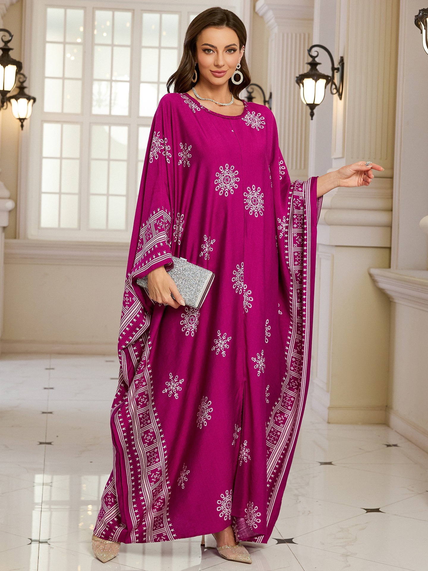 Geometric Pattern Kaftan Maxi Dress with Long Batwing Sleeves for Beach Cover Up
